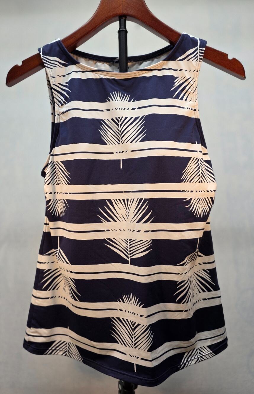 Lands End Blue White Palm Leaf High Neck UPF50 Modest Tankini Swimsuit Top (8)